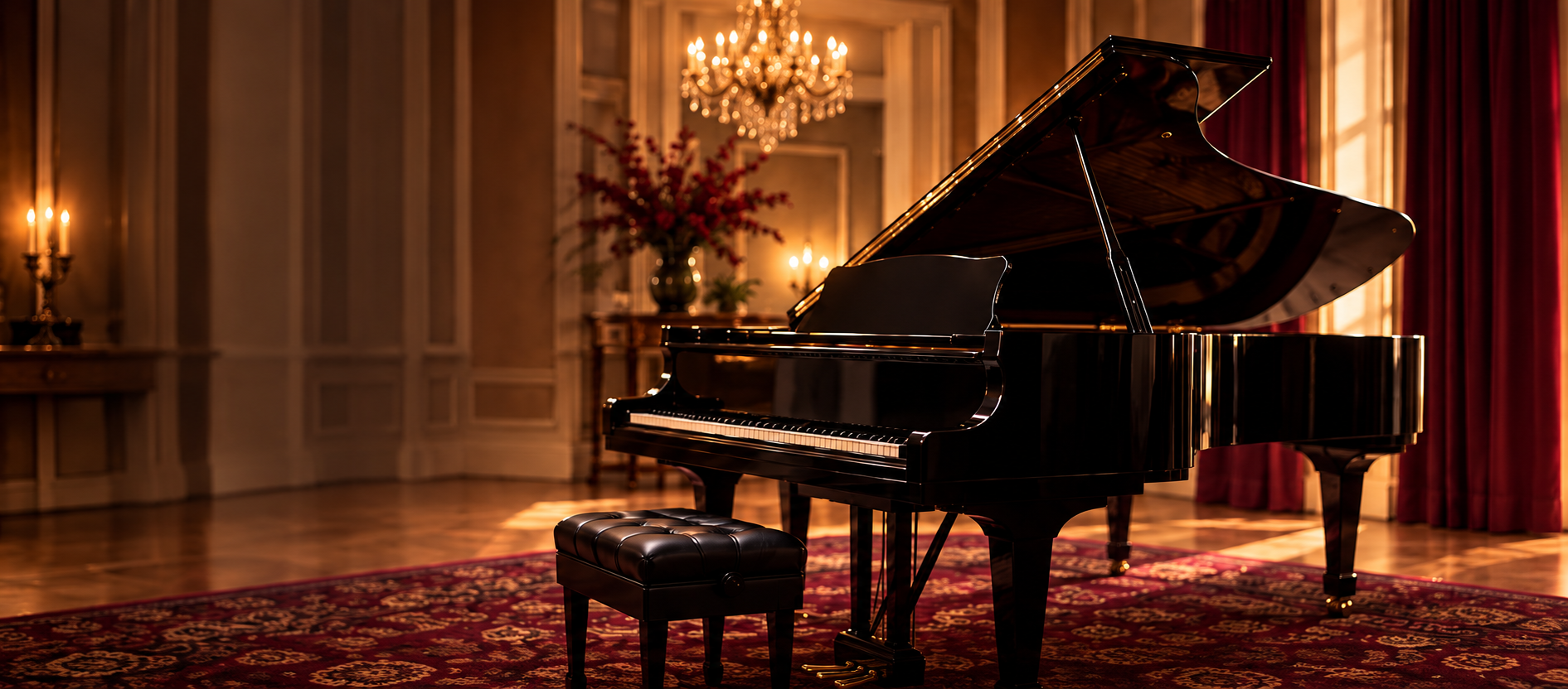 A black grand piano in a warmly lit room with burgundy curtains.