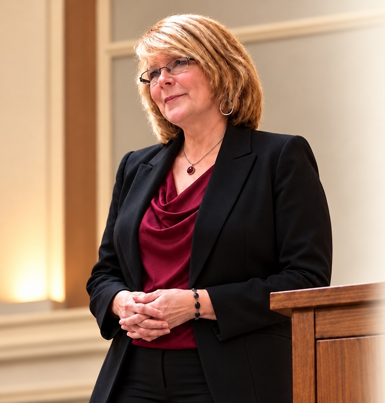 DeVaughn beside a wooden lectern, wearing a black blazer and draped burgundy blouse.