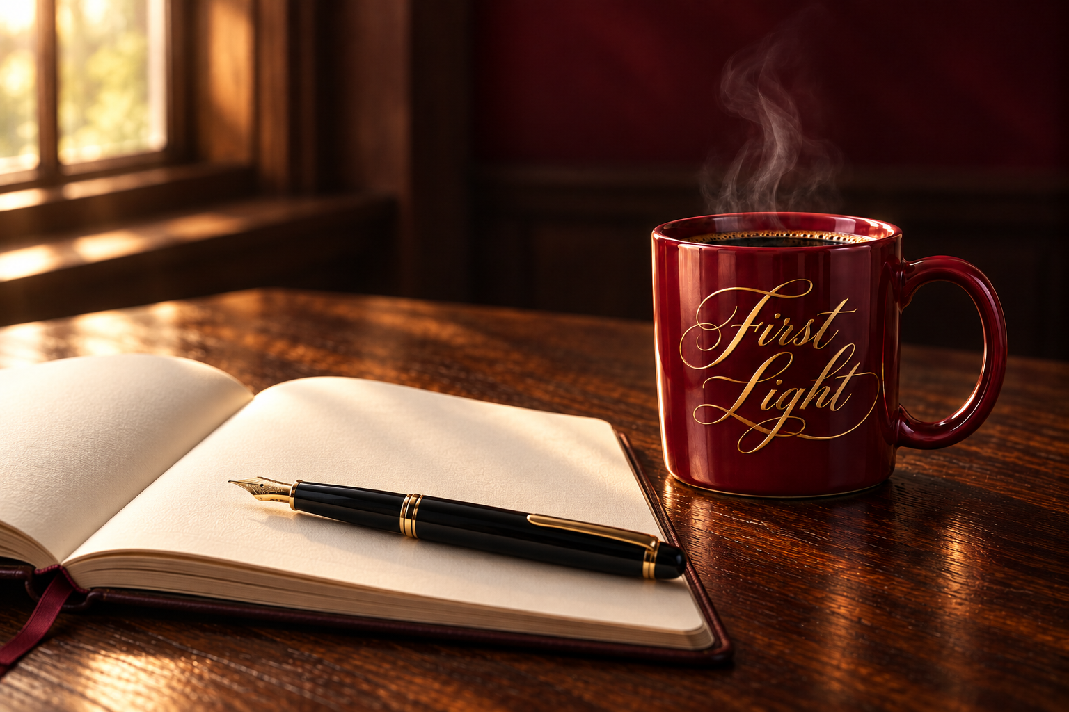 Open notebook and gold-accented pen beside a burgundy First Light coffee mug.