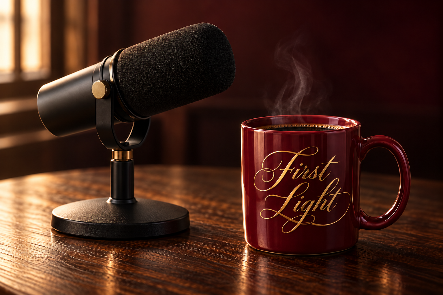 Black podcast microphone beside a burgundy FIRST LIGHT mug with gold lettering.