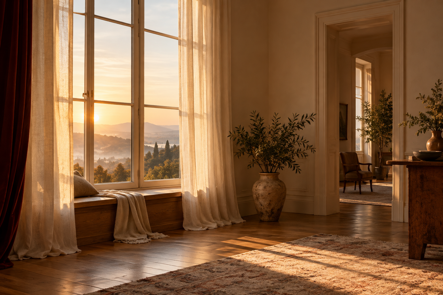 Golden morning light entering through a window with cream curtains.