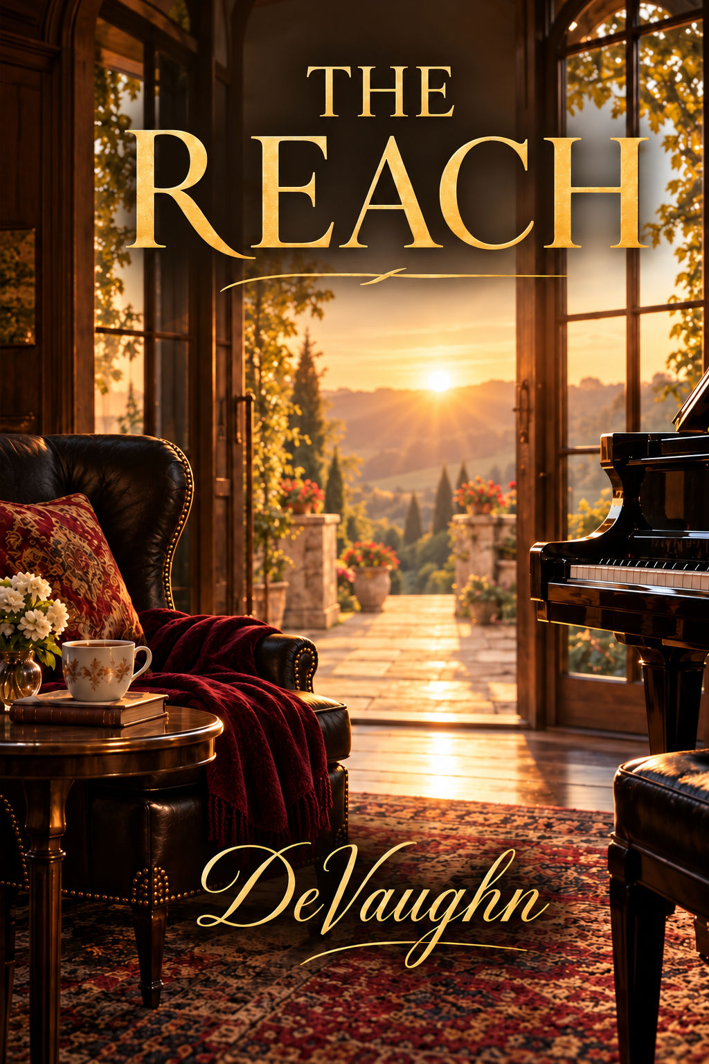 The Reach by DeVaughn, featuring a black leather chair with gold tacks and a burgundy throw